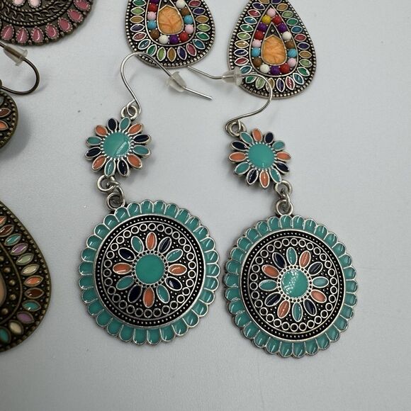 Lot Of 4 Boho Drop Earrings Pierced Colorful Teardrop Stones Tribal - Picture 2 of 5